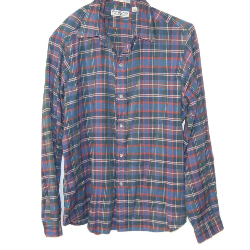 CAROL REED Vintage Plaid LS Button Down Shirt ~ Size 12   Navy, Red, White